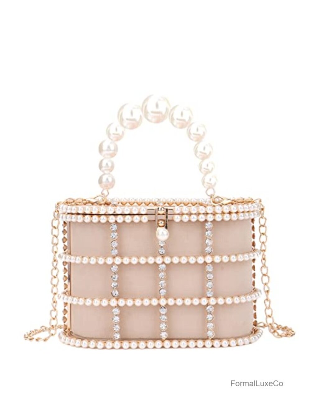 Metal Crystal Bucket Evening Clutch Pearls Wristlet Wedding Prom Party Purse